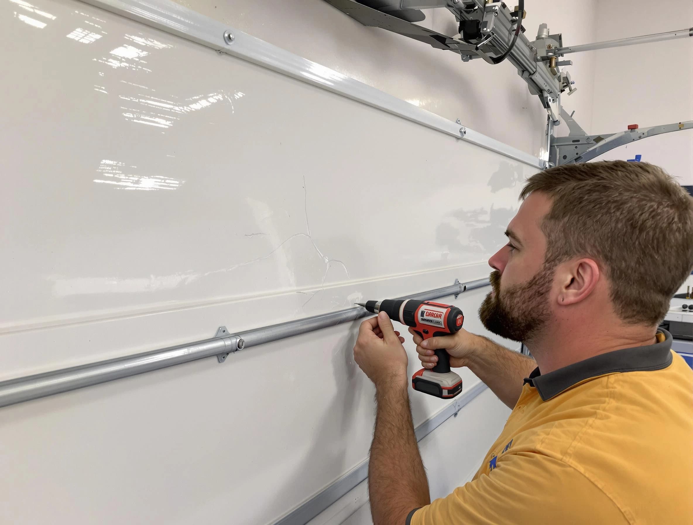 Northbrook Garage Door Repair expert performing dent repair on garage door in Northbrook