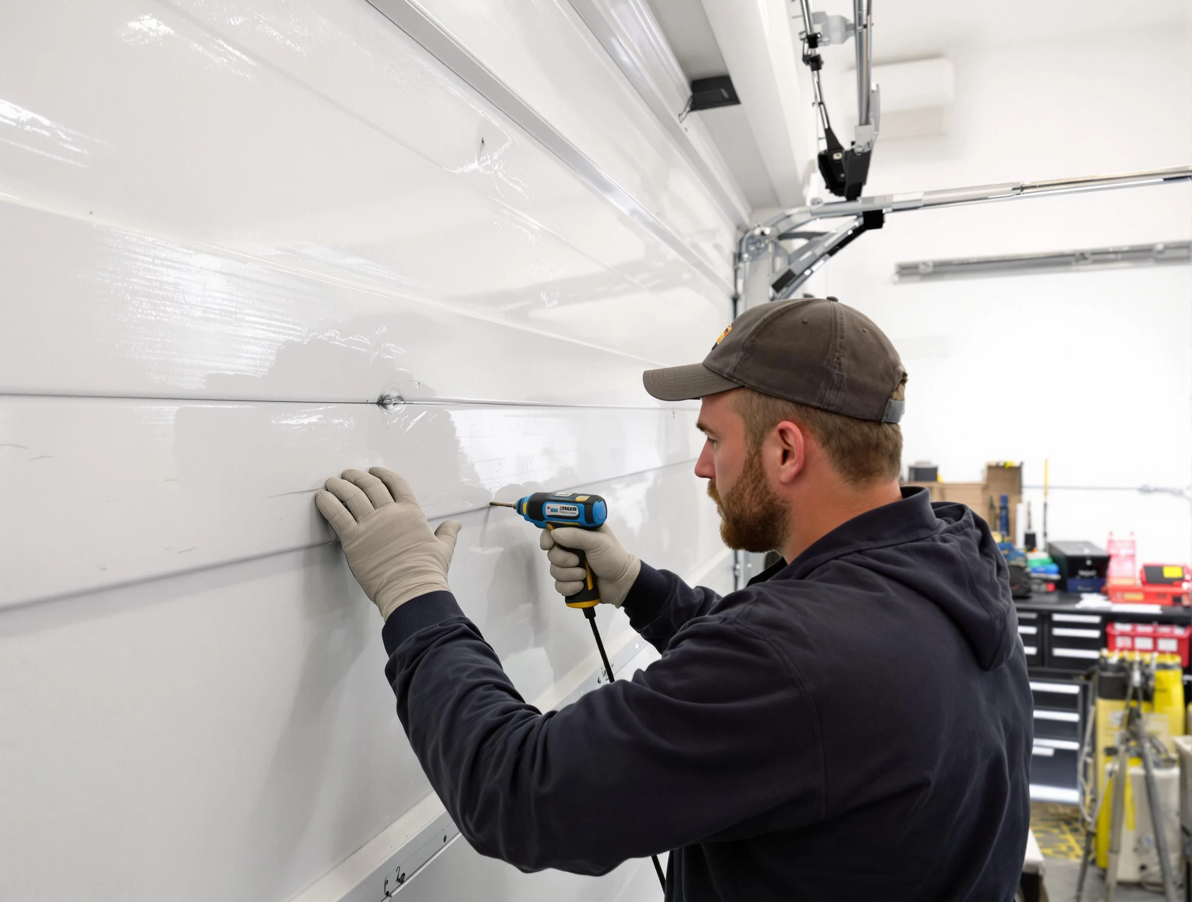 Northbrook Garage Door Repair technician demonstrating precision dent removal techniques on a Northbrook garage door